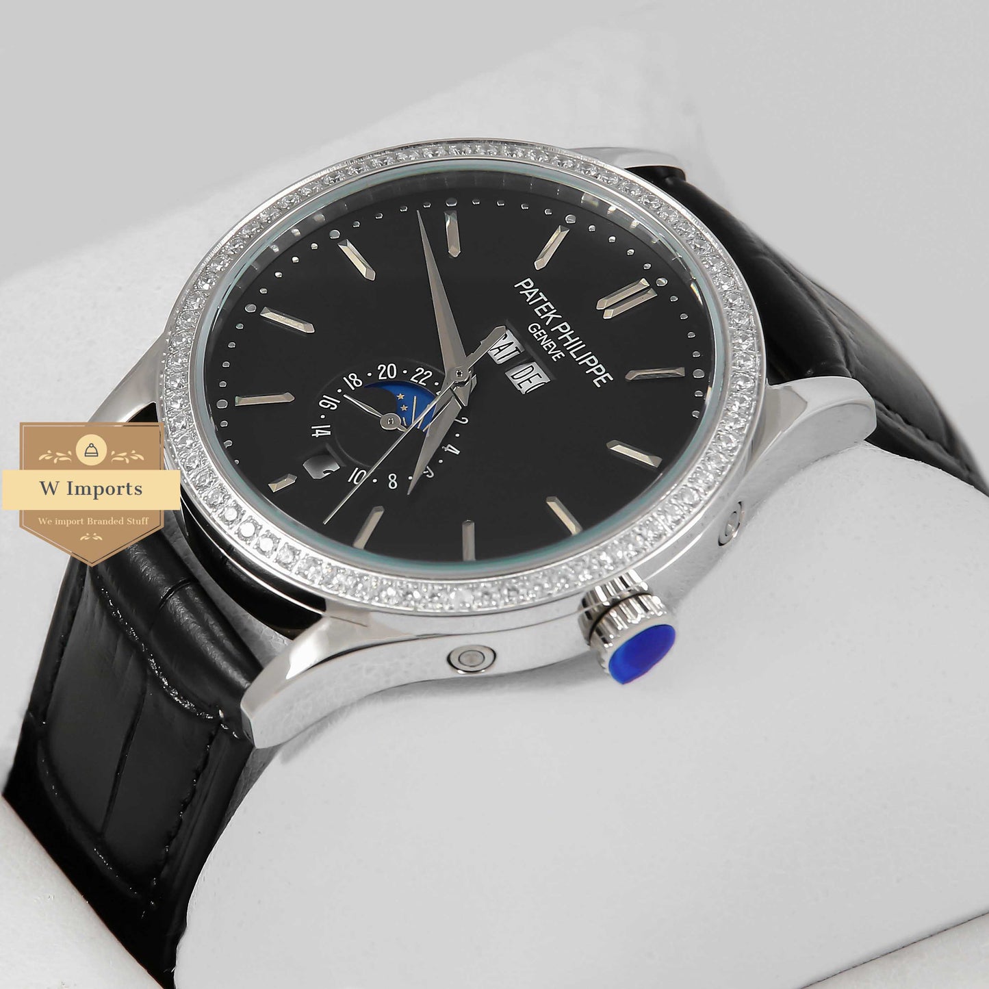 Latest Collection Annual Calendar Moon phase Silver Case With Black Dial Stone Bezel & Leather Strap