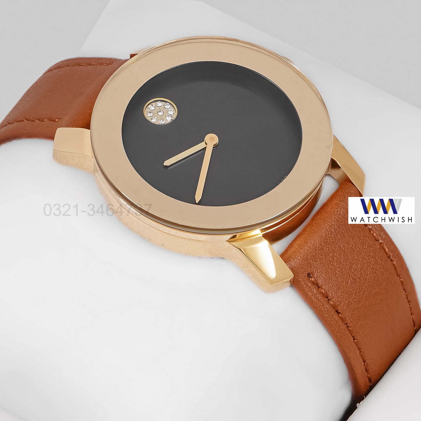 LATEST COLLECTION YELLOW GOLD CASE WITH BLACK DIAL & LEATHER STRAP LADIES WATCH