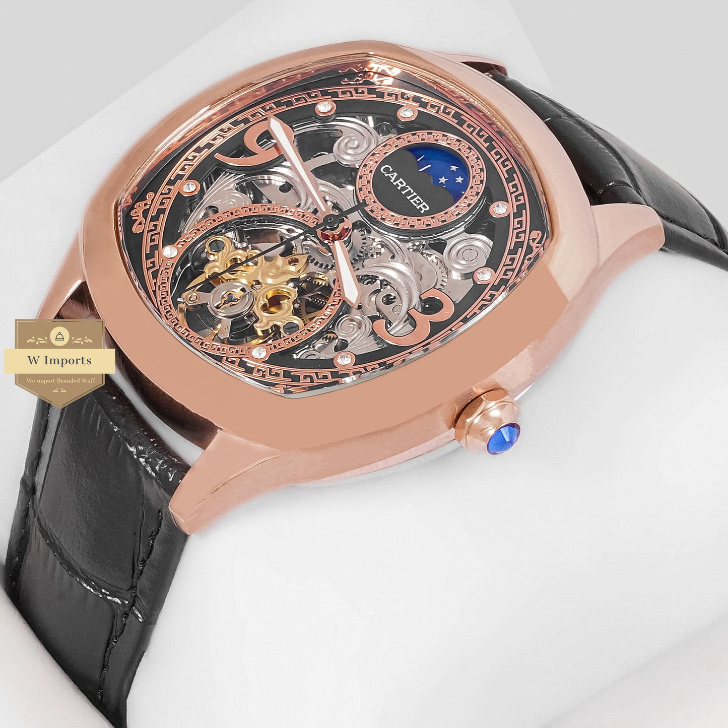 LATEST COLLECTION TOURBILLON MOON PHASE ROSE GOLD CASE WITH BLACK SKELETON DIAL & LEATHER STRAP