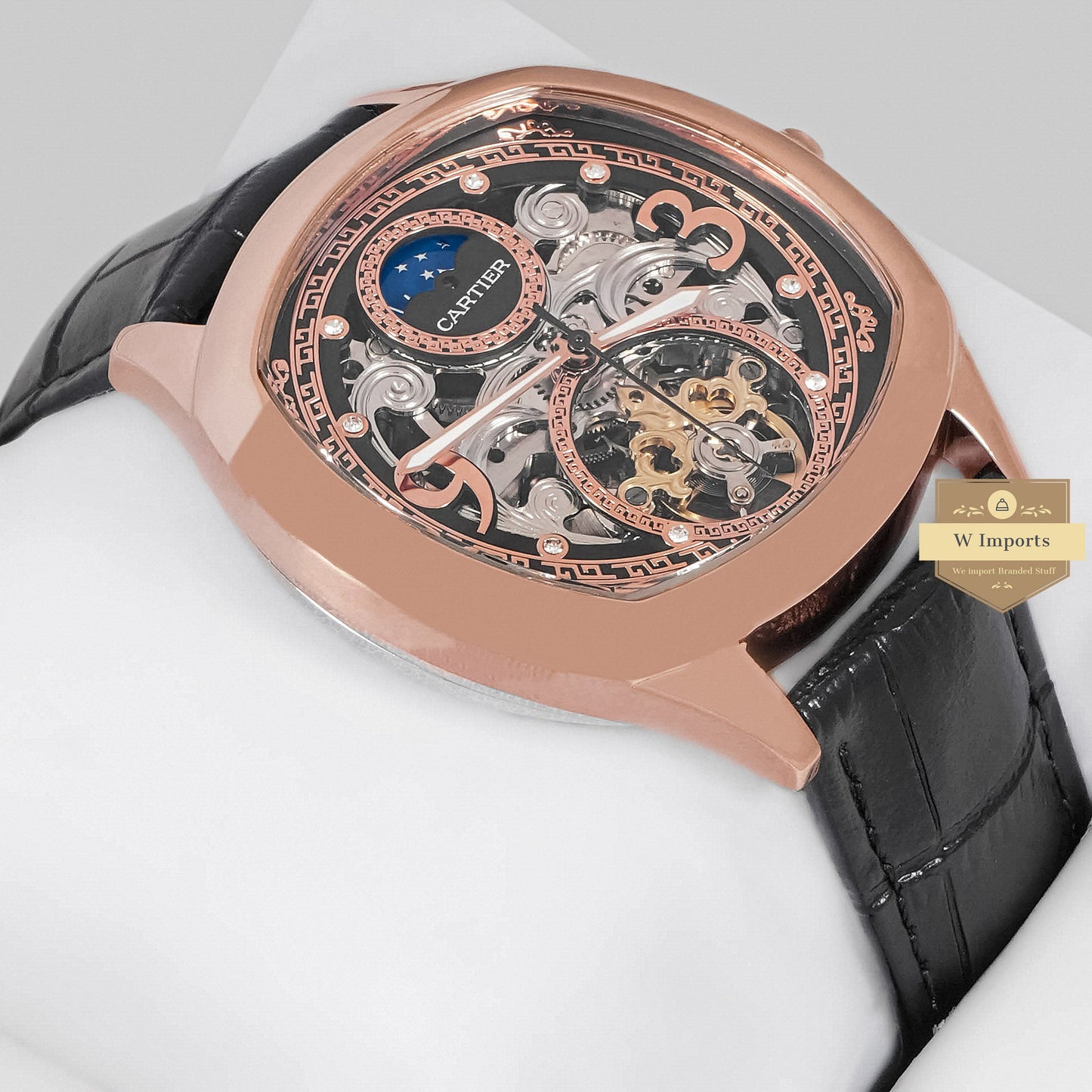 LATEST COLLECTION TOURBILLON MOON PHASE ROSE GOLD CASE WITH BLACK SKELETON DIAL & LEATHER STRAP
