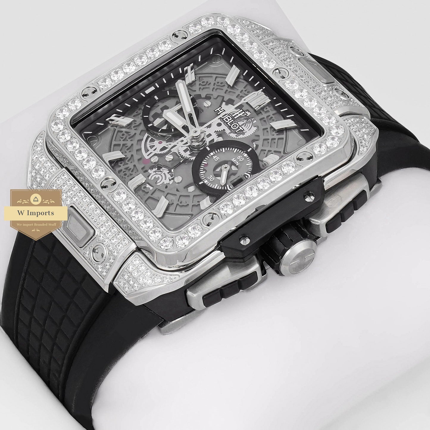 LATEST PREMIUM COLLECTION CHRONOGRAPH SILVER STONE BEZEL & BLACK DIAL WITH PVC STRAP