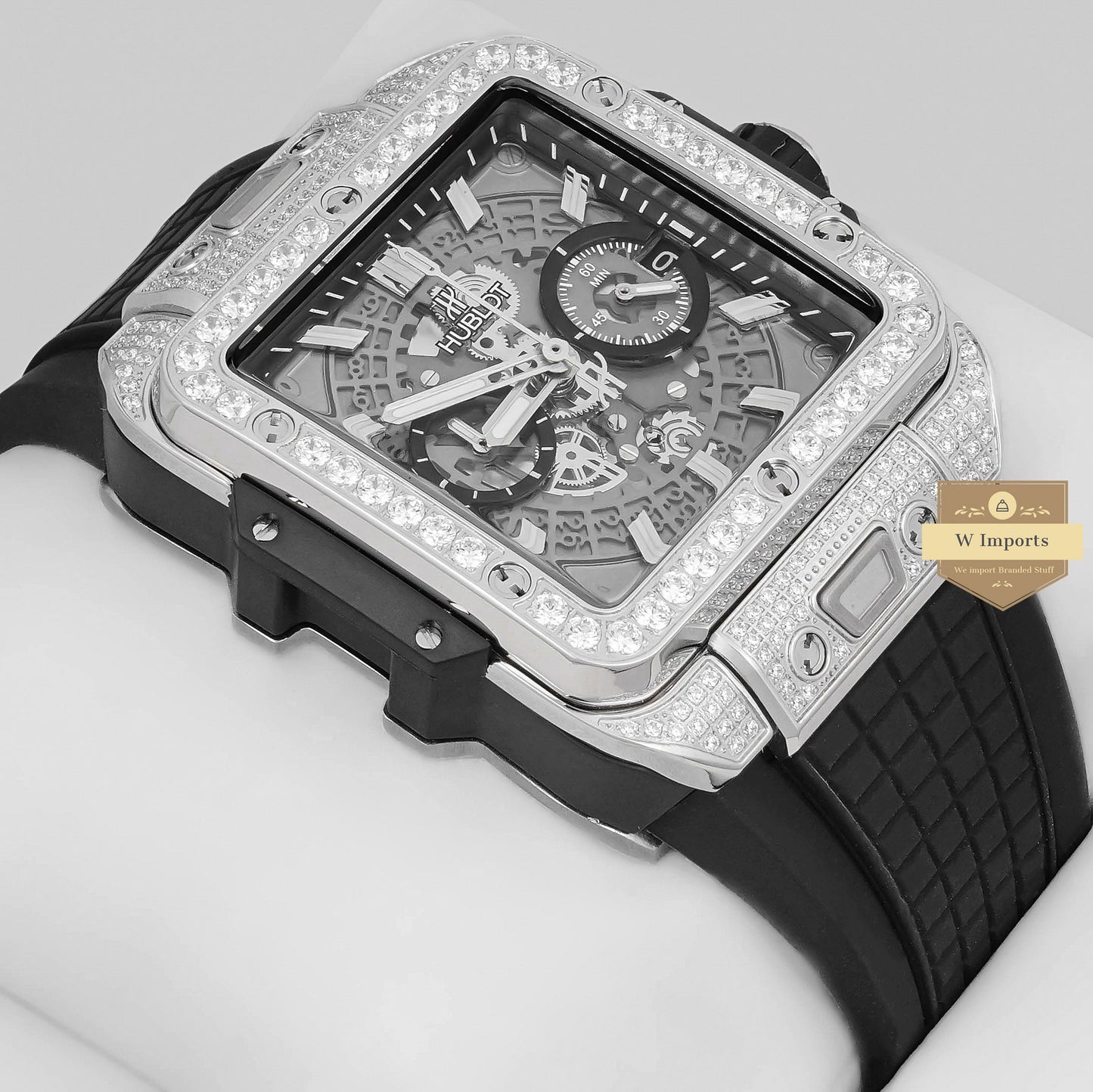 LATEST PREMIUM COLLECTION CHRONOGRAPH SILVER STONE BEZEL & BLACK DIAL WITH PVC STRAP