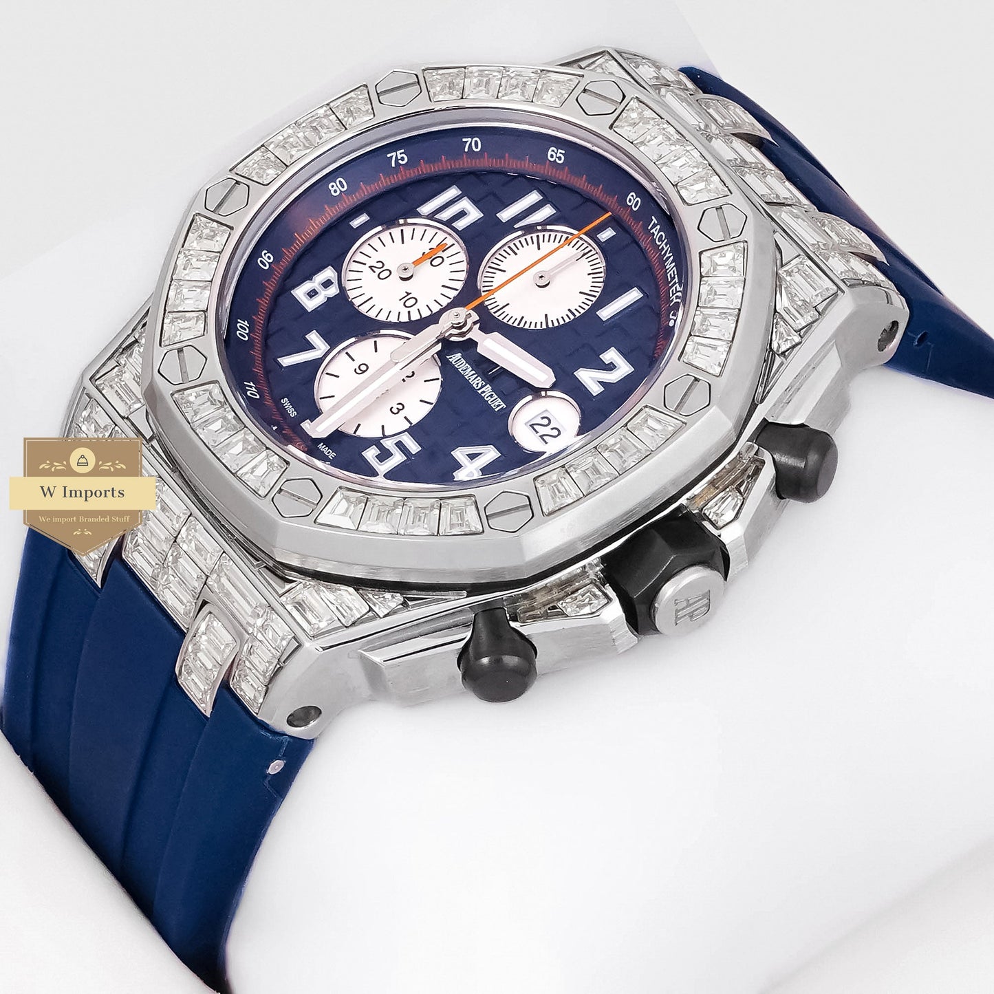 LATEST COLLECTION CHRONOGRAPH SILVER STONE BEZEL WITH BLUE DIAL & RUBBER STRAP