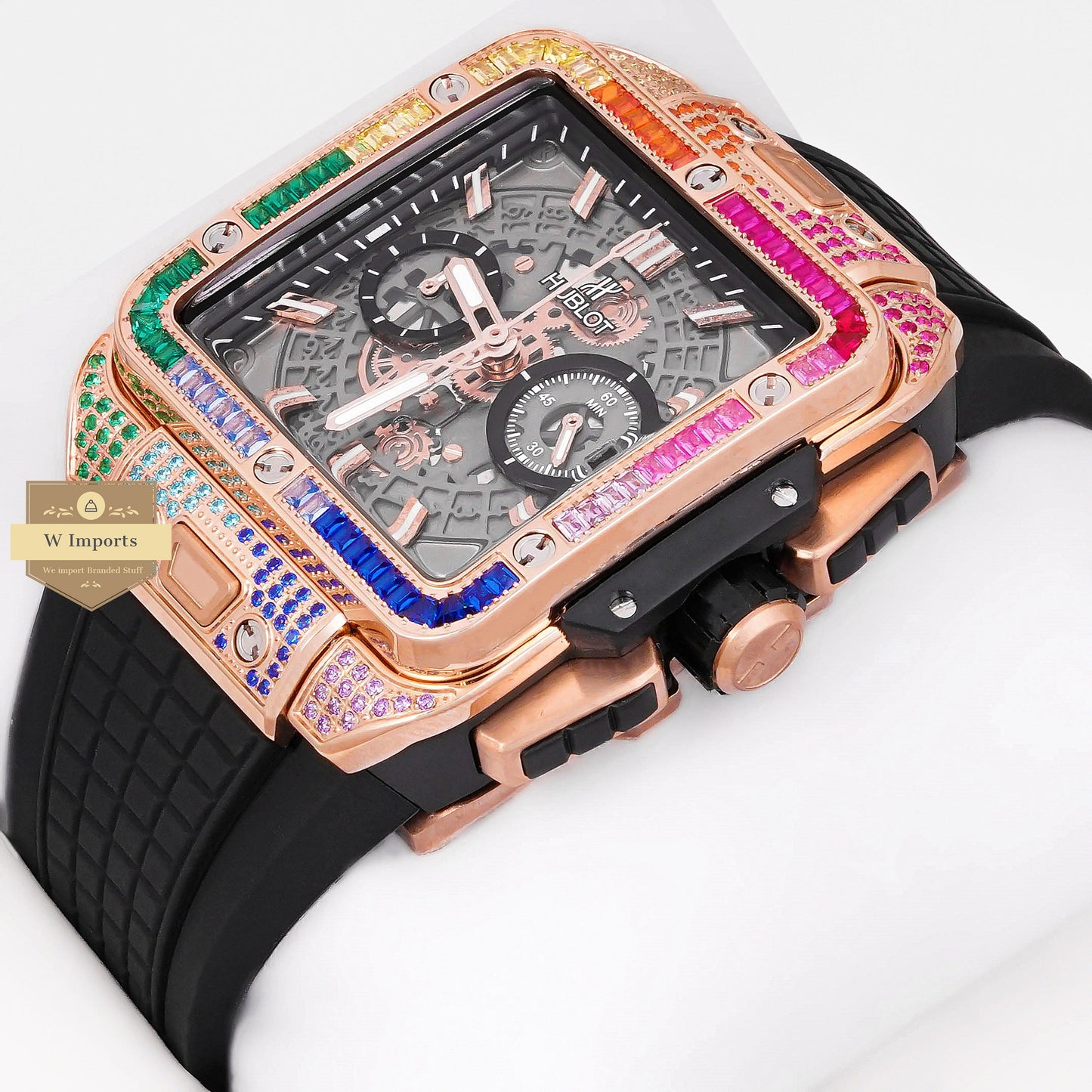 LATEST PREMIUM COLLECTION CHRONOGRAPH ROSE GOLD MULTI STONE BEZEL & BLACK DIAL WITH PVC STRAP