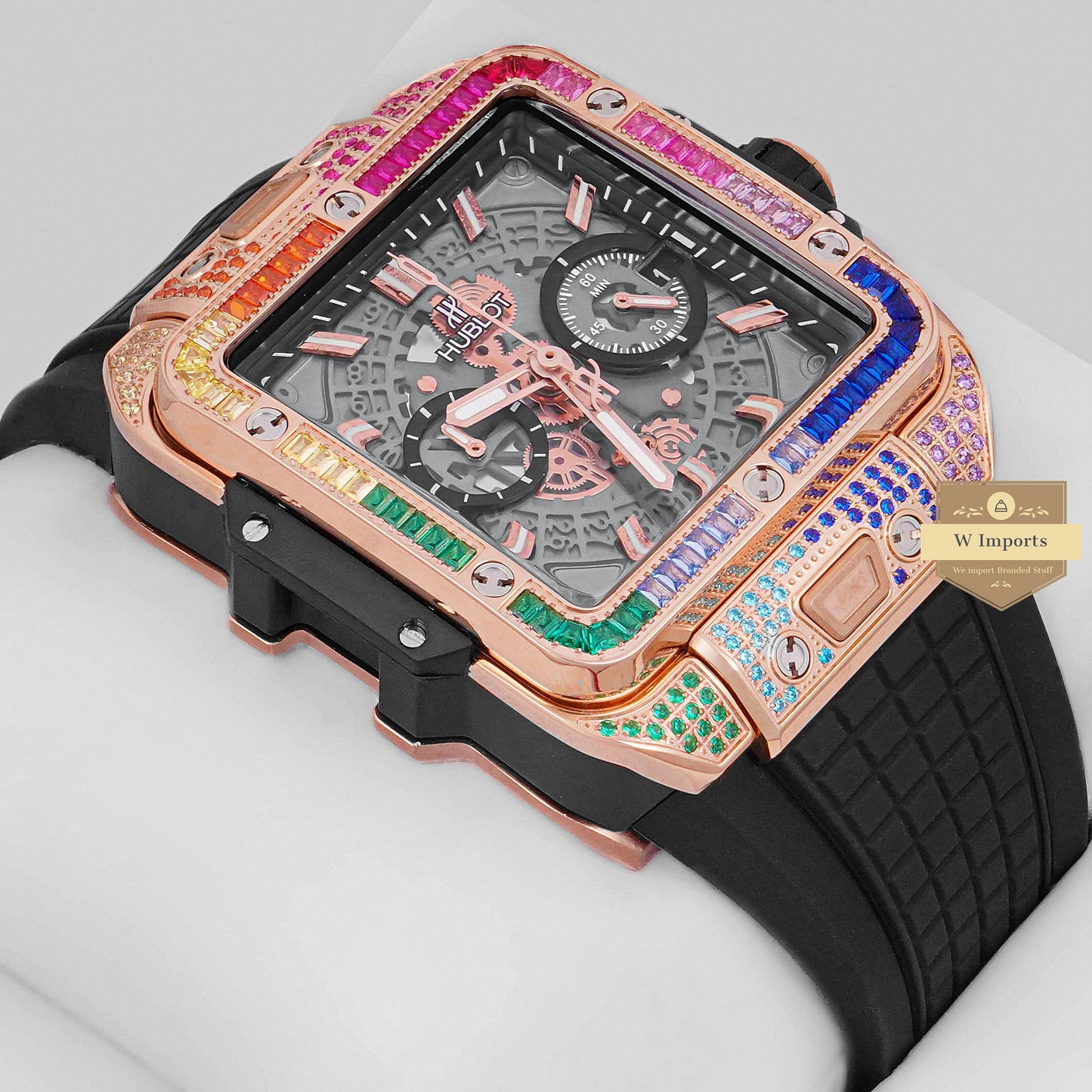 LATEST PREMIUM COLLECTION CHRONOGRAPH ROSE GOLD MULTI STONE BEZEL & BLACK DIAL WITH PVC STRAP