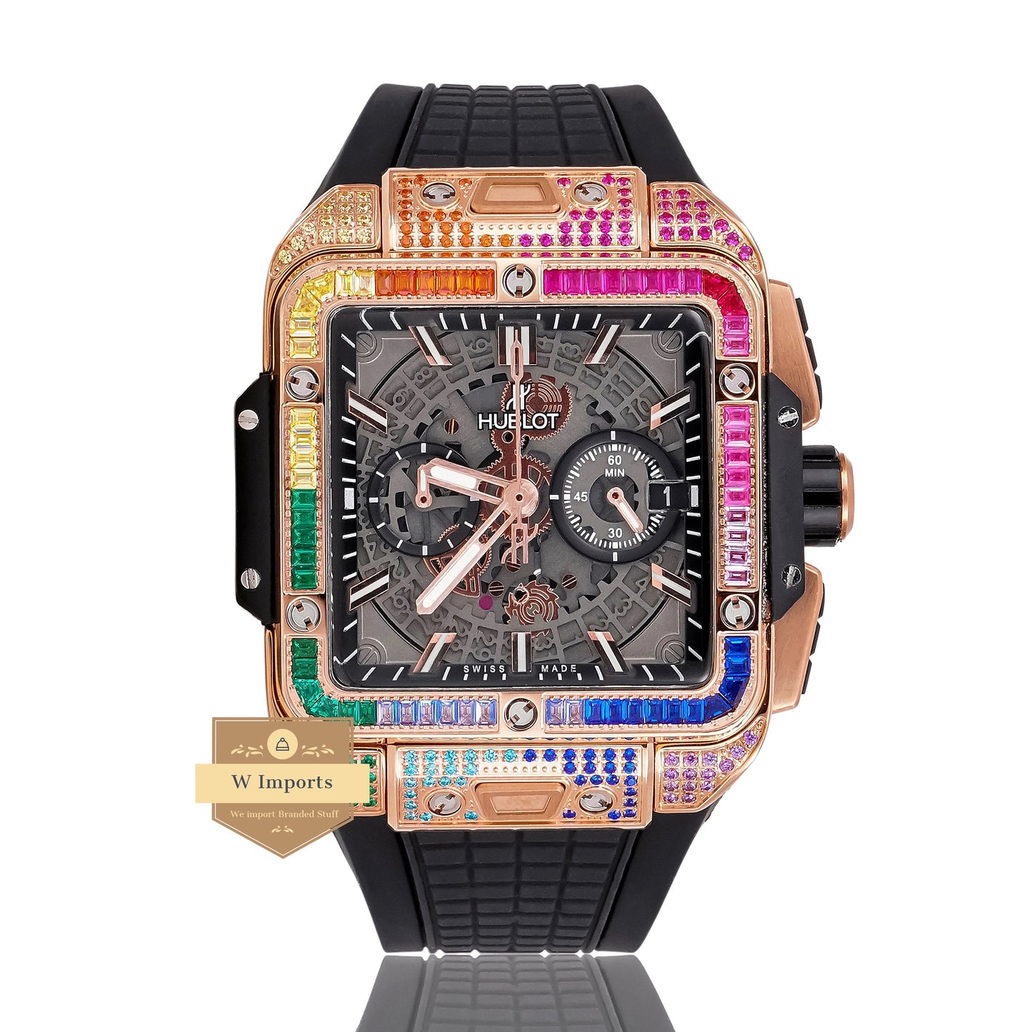 LATEST PREMIUM COLLECTION CHRONOGRAPH ROSE GOLD MULTI STONE BEZEL & BLACK DIAL WITH PVC STRAP