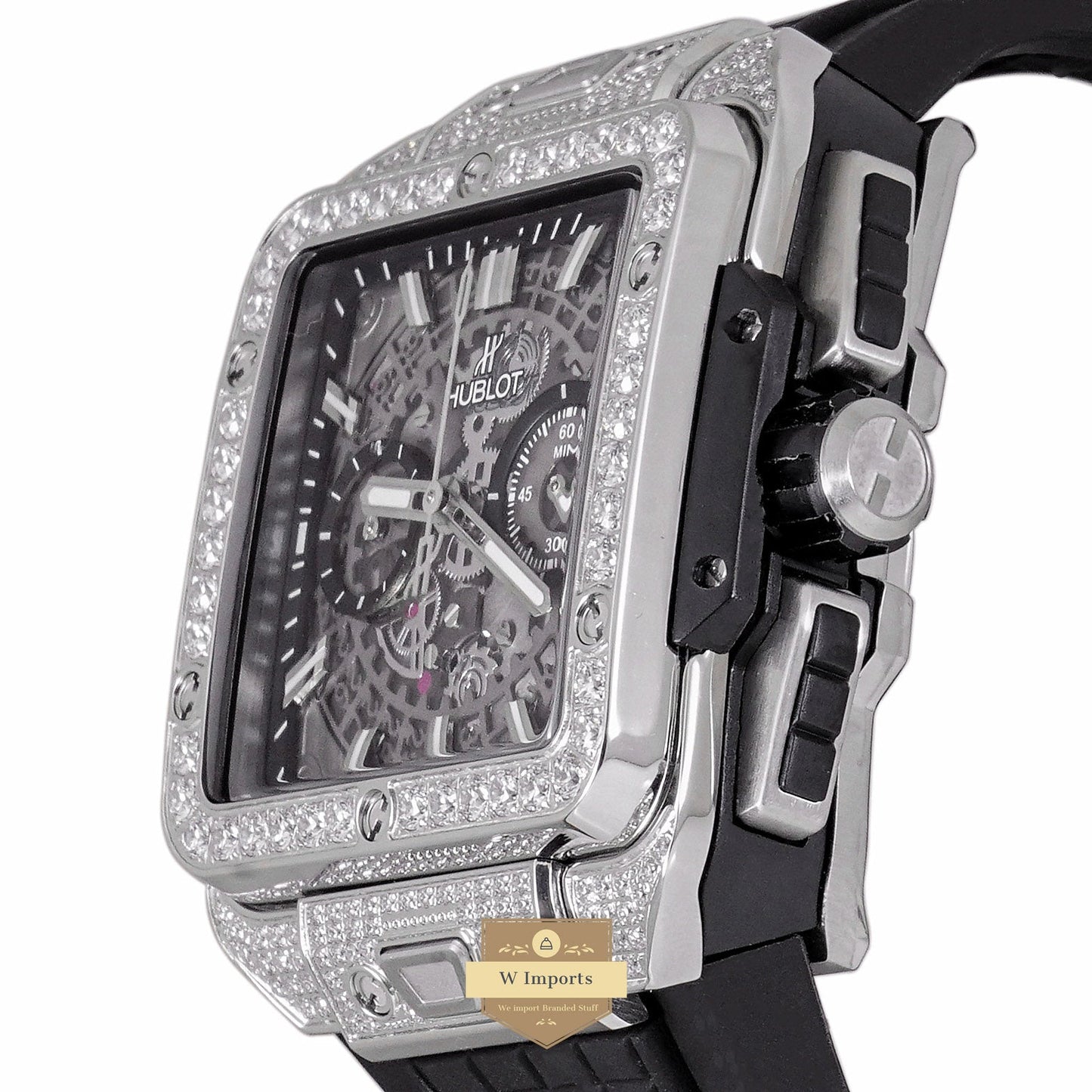 LATEST PREMIUM COLLECTION CHRONOGRAPH SILVER STONE BEZEL & BLACK DIAL WITH PVC STRAP