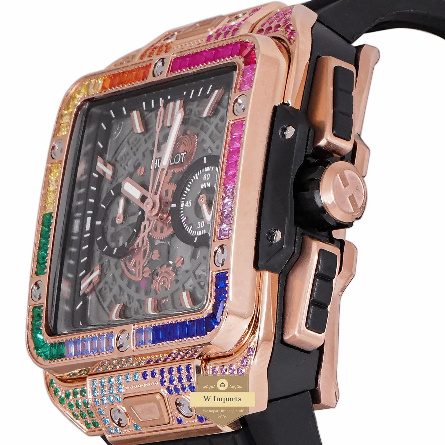 LATEST PREMIUM COLLECTION CHRONOGRAPH ROSE GOLD MULTI STONE BEZEL & BLACK DIAL WITH PVC STRAP