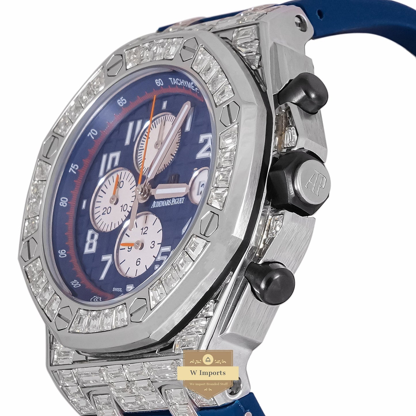 LATEST COLLECTION CHRONOGRAPH SILVER STONE BEZEL WITH BLUE DIAL & RUBBER STRAP