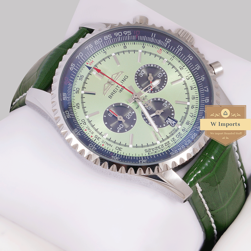 Latest Collection Silver Case With Green Dial Chronograph Watch with Leather strap