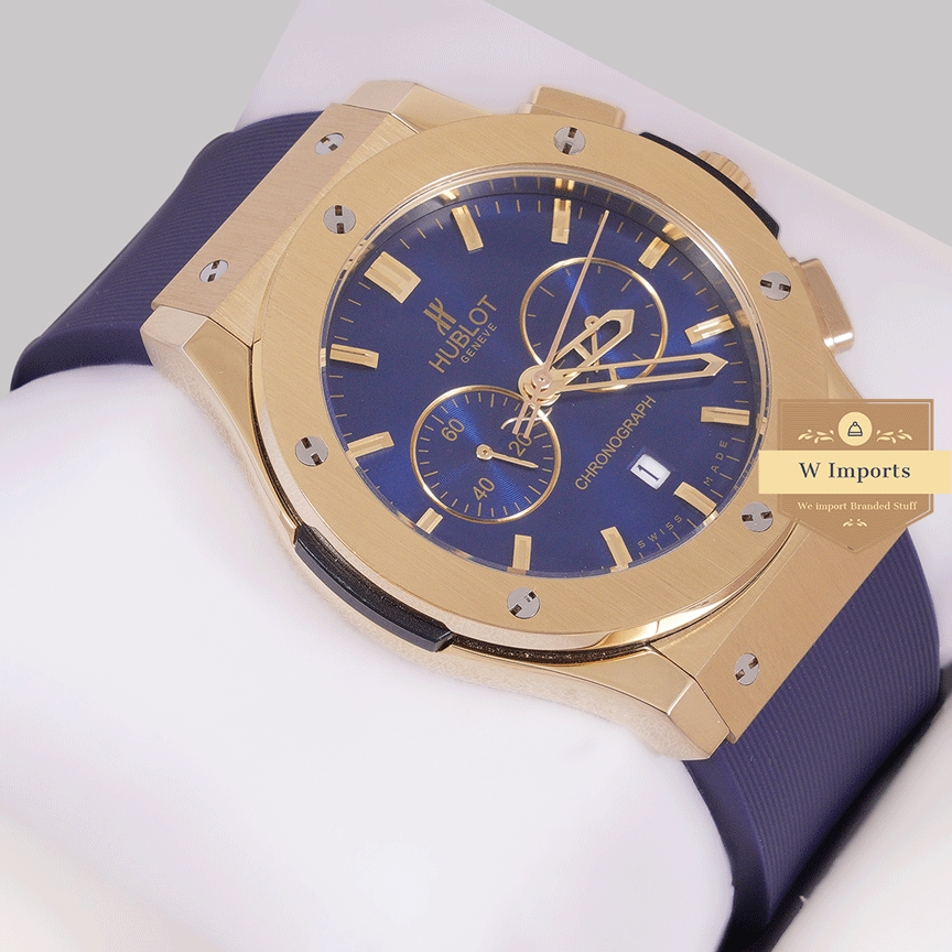 Latest Collection Chronograph Yellow Gold Case With Blue Dial & Pvc Strap