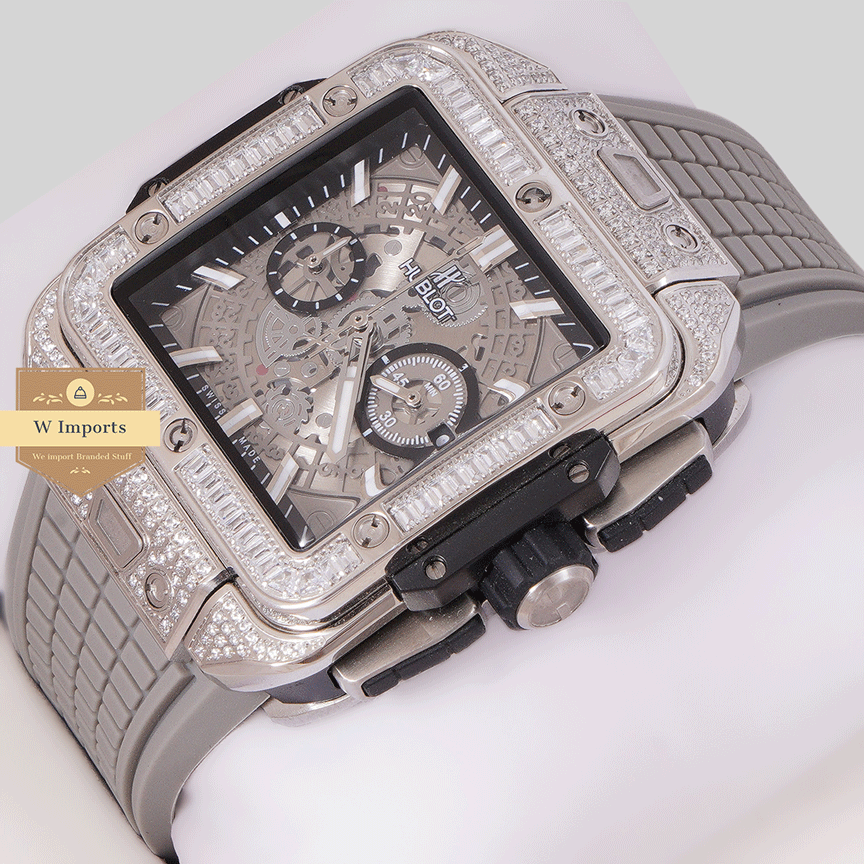 Latest Premium Collection Chronograph Silver Stone Bezel & Gray Skeleton Dial With Pvc Strap