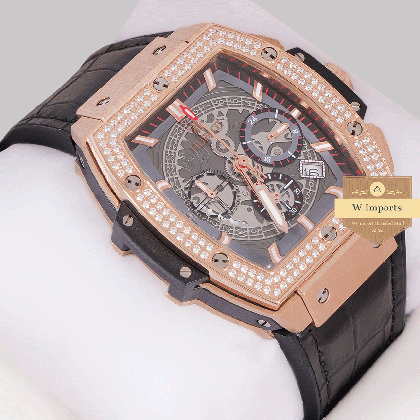 New Arrival Chronograph Rose Gold Stone Bezel & Skeleton Dial With Black Leather Strap