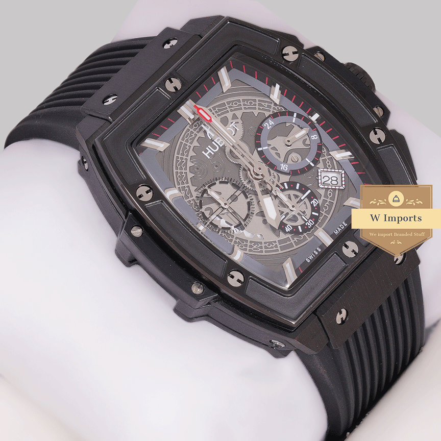 New Arrival Chronograph Black Case With Skeleton Dial Pvc Strap Watch