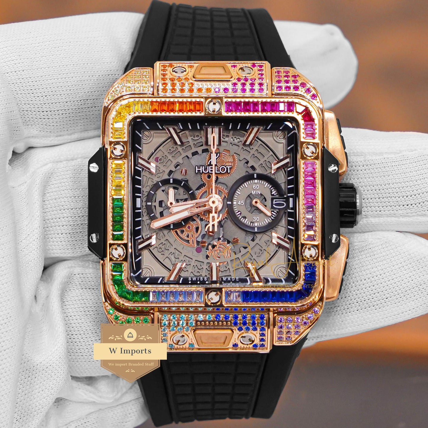LATEST PREMIUM COLLECTION CHRONOGRAPH ROSE GOLD MULTI STONE BEZEL & BLACK DIAL WITH PVC STRAP