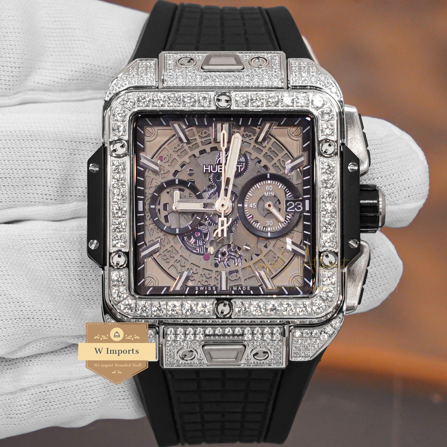 LATEST PREMIUM COLLECTION CHRONOGRAPH SILVER STONE BEZEL & BLACK DIAL WITH PVC STRAP
