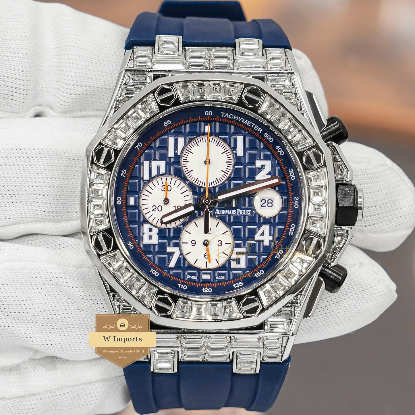 LATEST COLLECTION CHRONOGRAPH SILVER STONE BEZEL WITH BLUE DIAL & RUBBER STRAP
