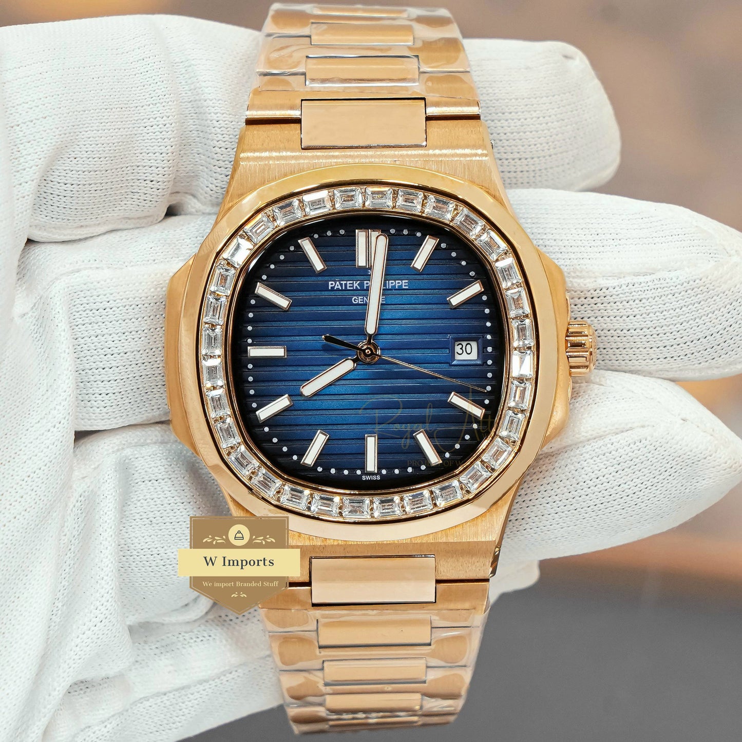 LATEST COLLECTION ROSE GOLD WITH BLUE DIAL STONE BEZEL AUTOMATIC WATCH