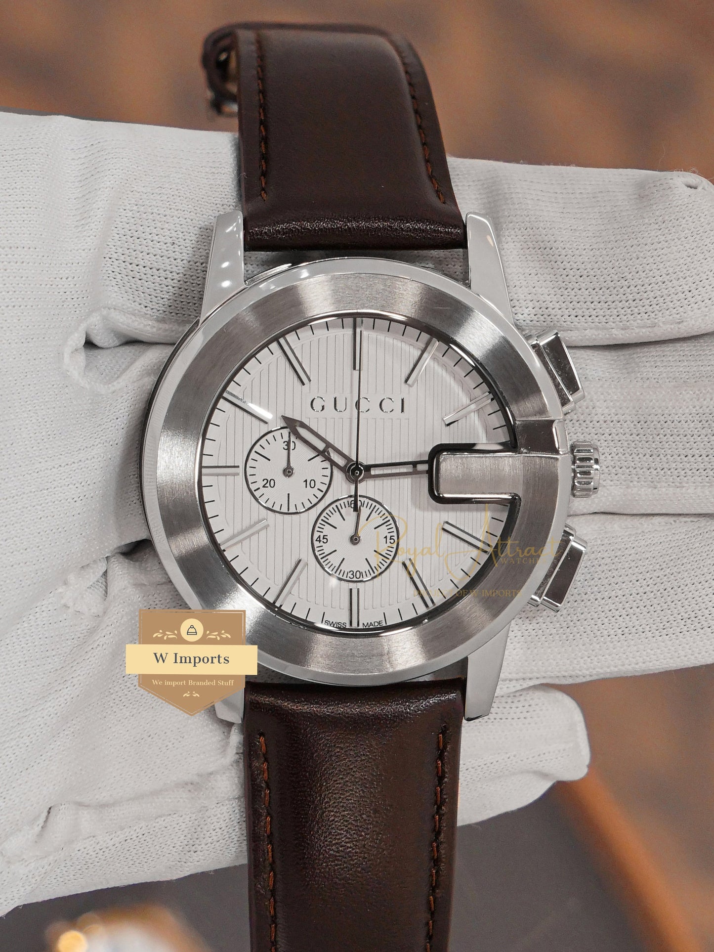 LATEST COLLECTION CHRONOGRAPH SILVER CASE WITH WHITE DIAL & BROWN LEATHER STRAP