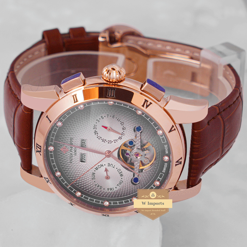 LATEST COLLECTION CHRONOGRAPH ROSE GOLD CASE WITH GRAY DIAL & LEATHER STRAP