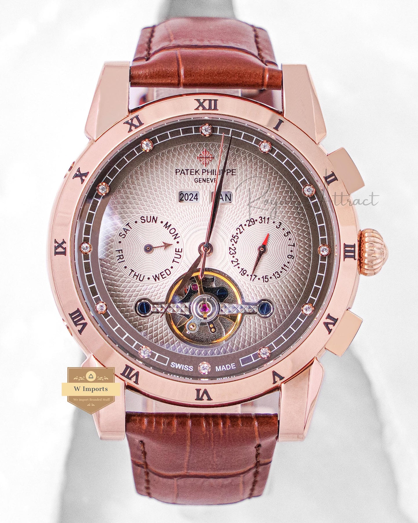 LATEST COLLECTION CHRONOGRAPH ROSE GOLD CASE WITH GRAY DIAL & LEATHER STRAP
