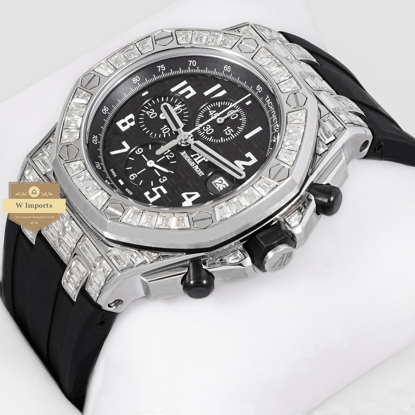 Latest Collection Chronograph Silver Stoned Bezel With Black Dial & Rubber Strap