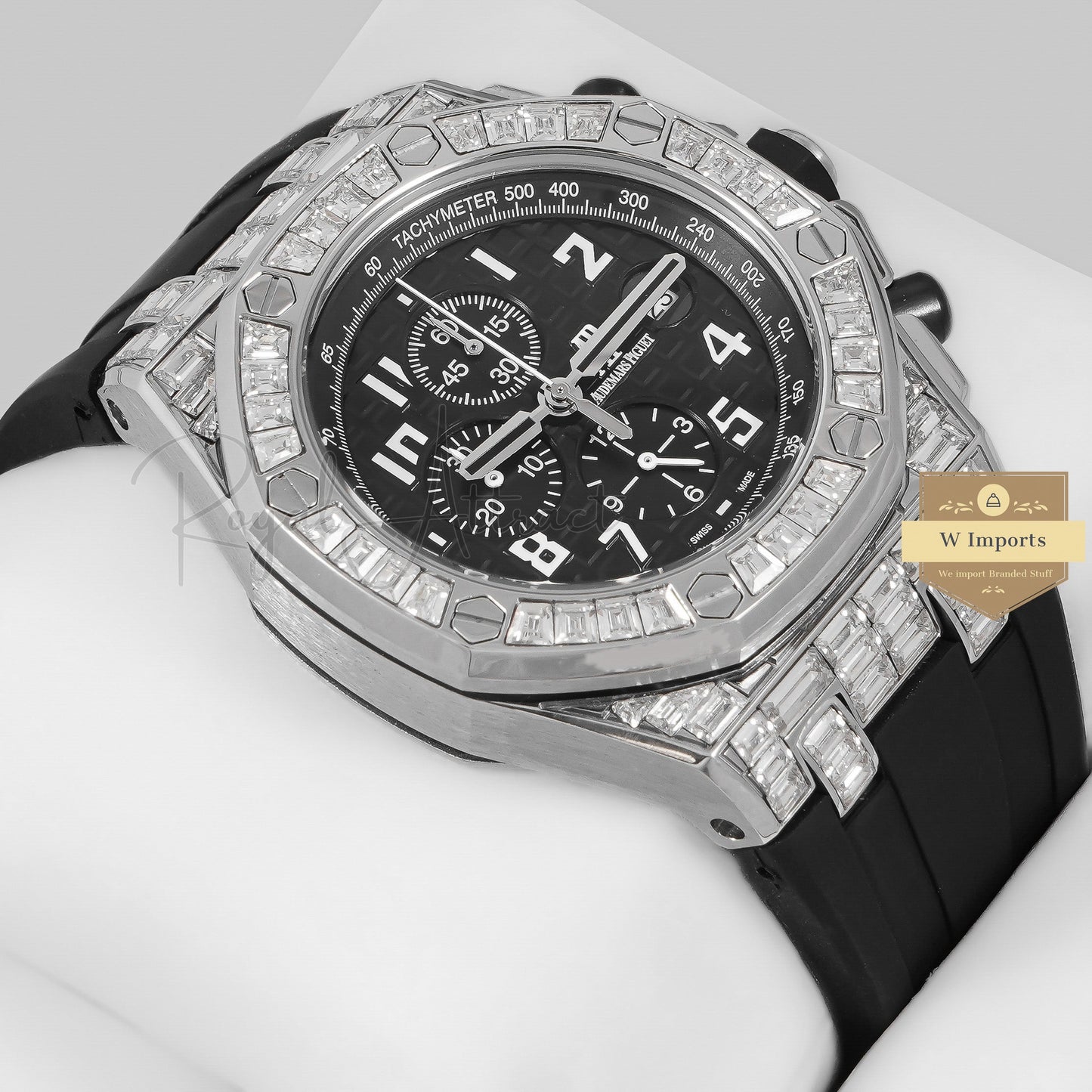 Latest Collection Chronograph Silver Stoned Bezel With Black Dial & Rubber Strap