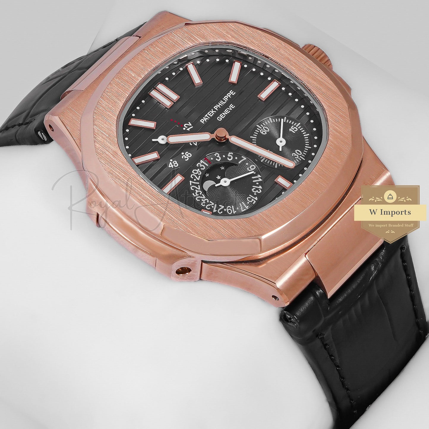 Latest Collection Rose Gold Case With Charcialdial & Leather Strap