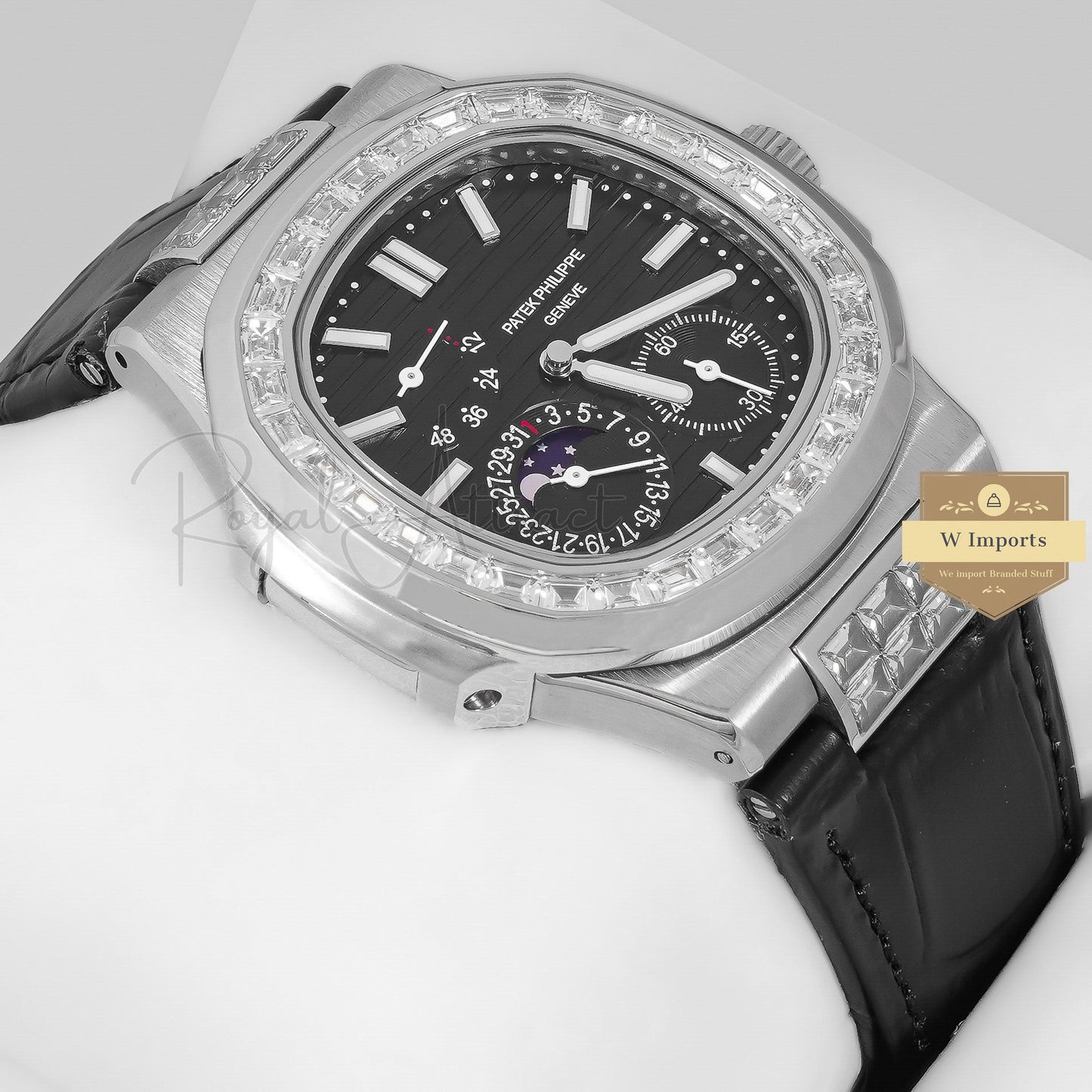 Latest Collection Silver Case Stone Bezel With Black Dial & Leather Strap