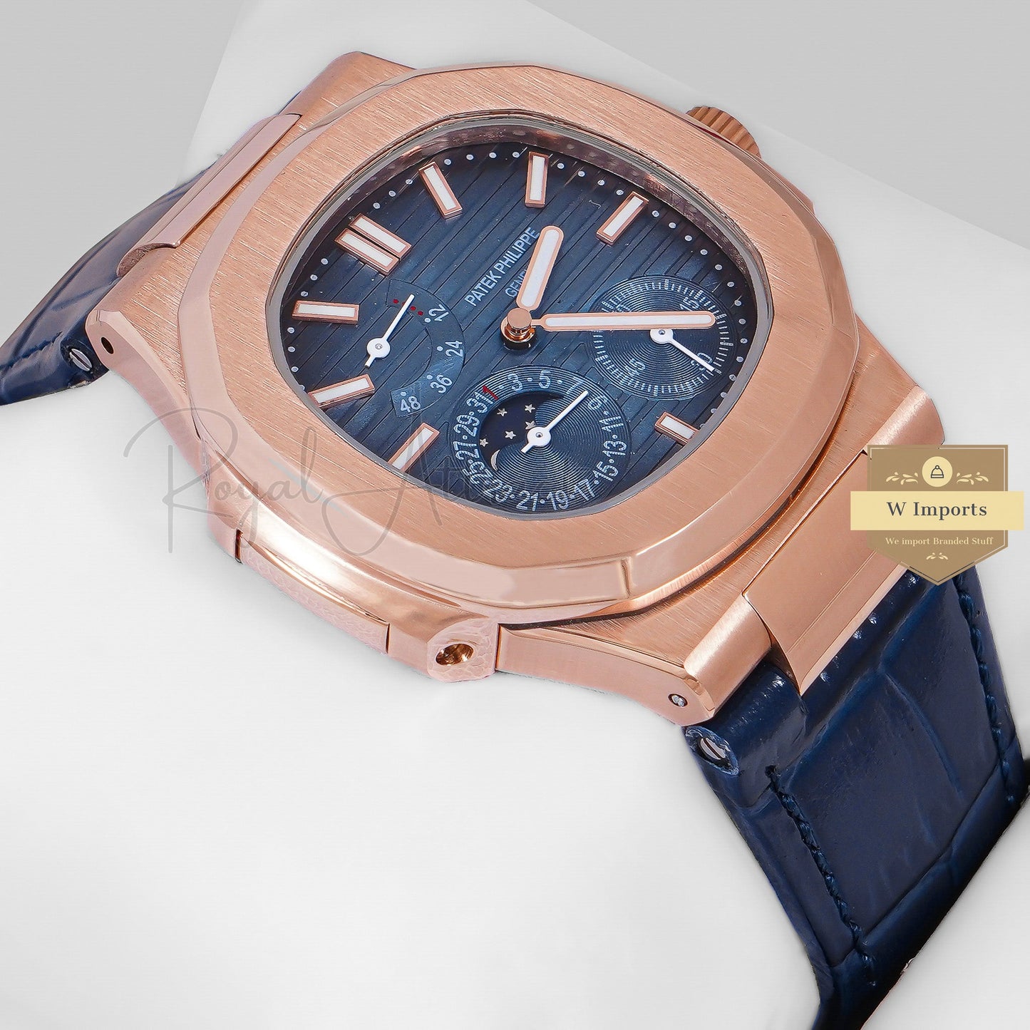 Latest Collection Rose Gold Case With Blue Dial & Leather Strap