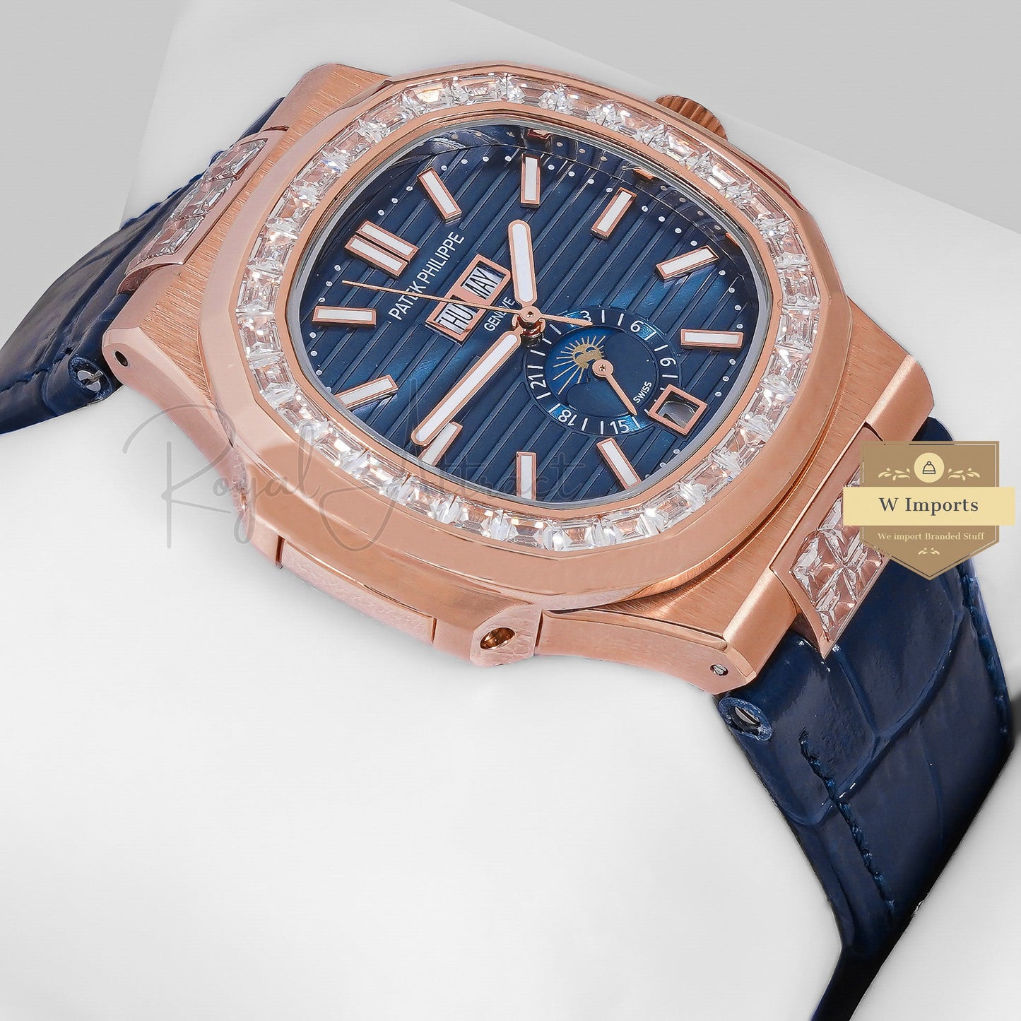 Latest Collection Moon Phase Rose Gold Case Stone Bezel With Blue Dial & Leather Strap