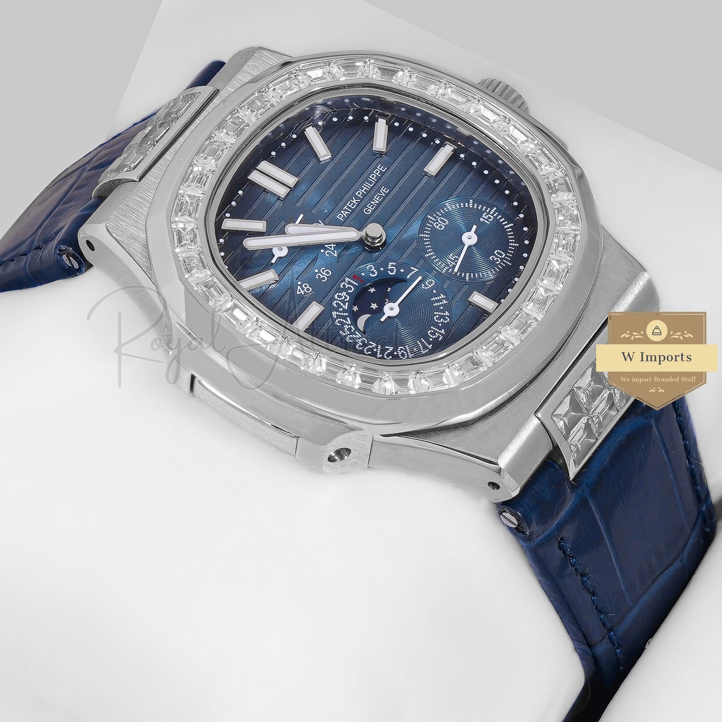 Latest Collection Silver Case Stone Bezel With Blue Dial & Leather Strap