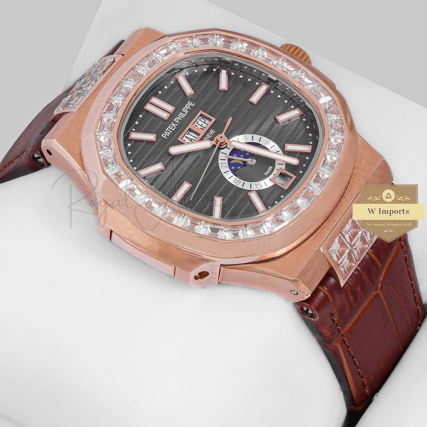 Latest Collection Annual Calendar Moon Phase Rose Gold Stone Case With Charcoal Dial & Brown Leather Strap