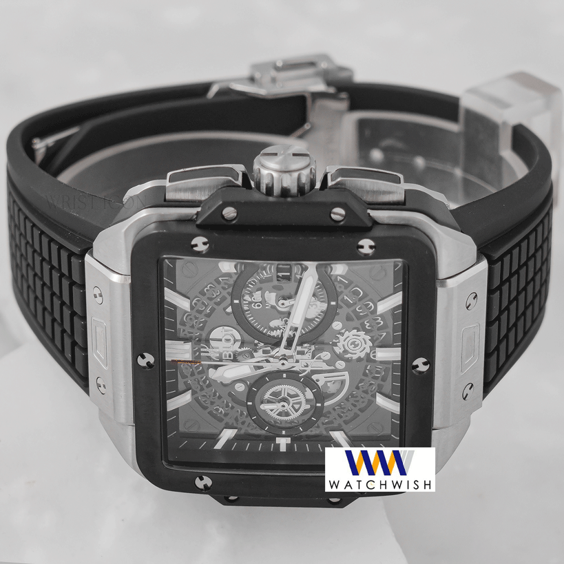 LATEST COLLECTION CHRONOGRAPH SQUARE SILVER CASE WITH GREY SKELETON DIAL & BLACK PVC STRAP
