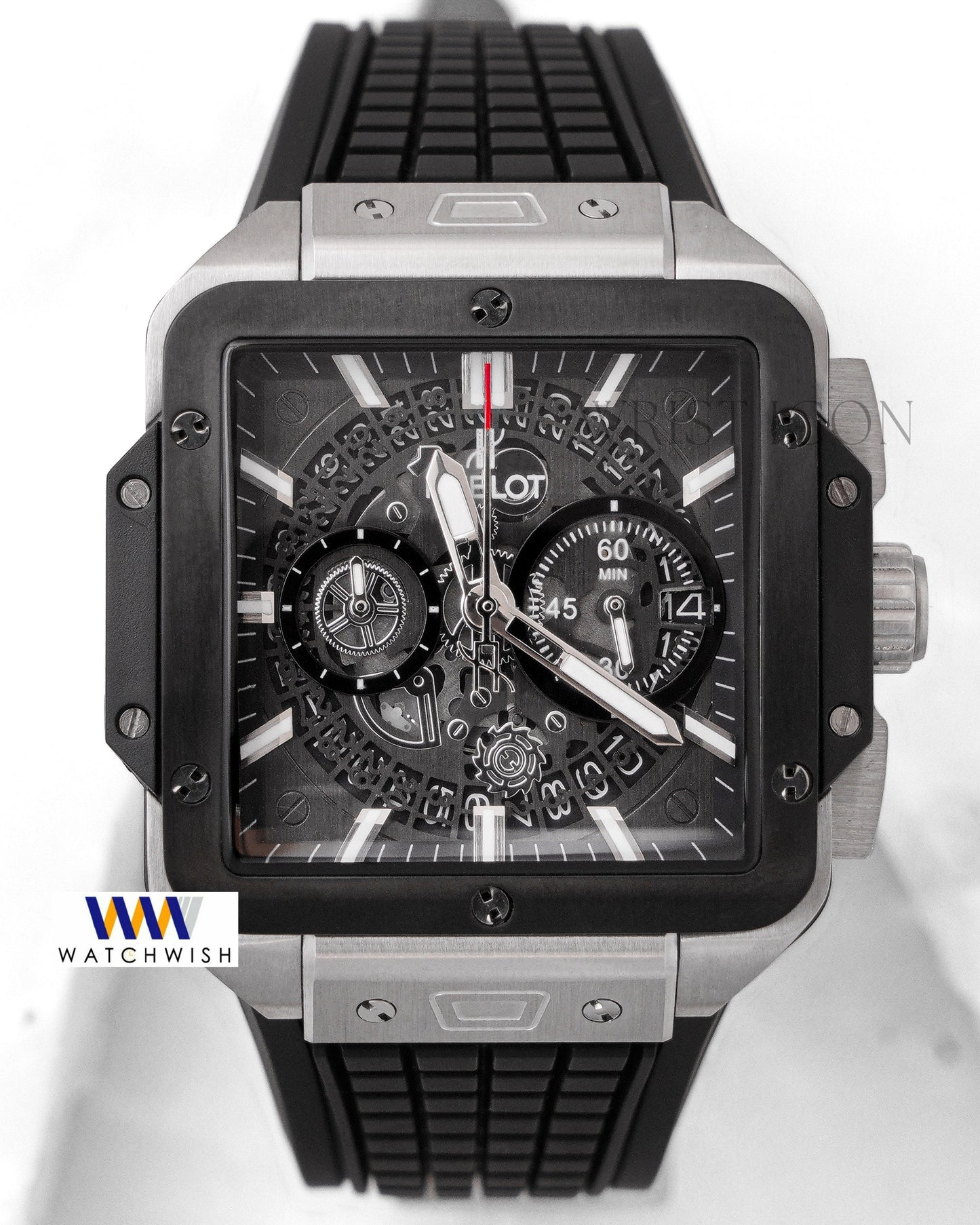 LATEST COLLECTION CHRONOGRAPH SQUARE SILVER CASE WITH GREY SKELETON DIAL & BLACK PVC STRAP
