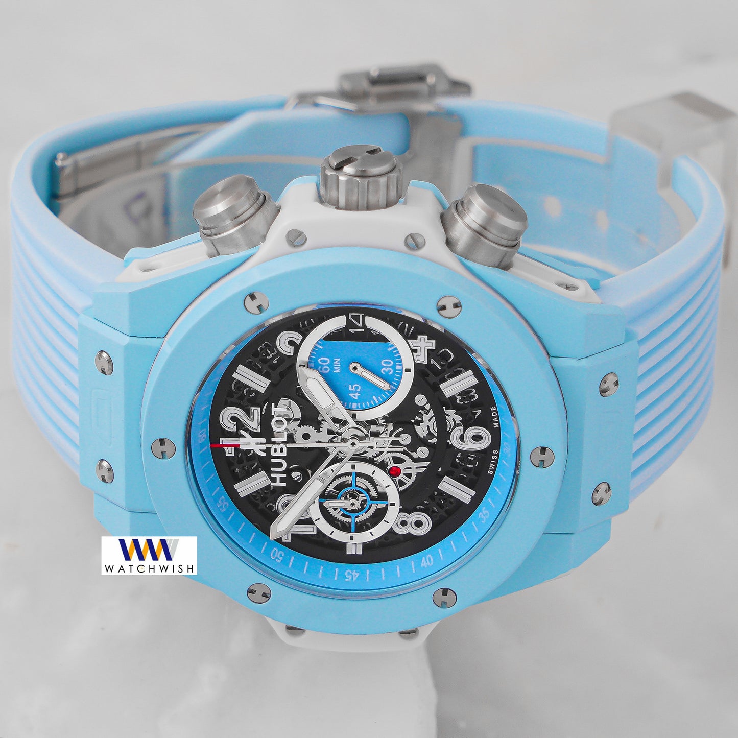 Latest Collection Chronograph Tiffany Blue Case With Black Dial Pvc Strap