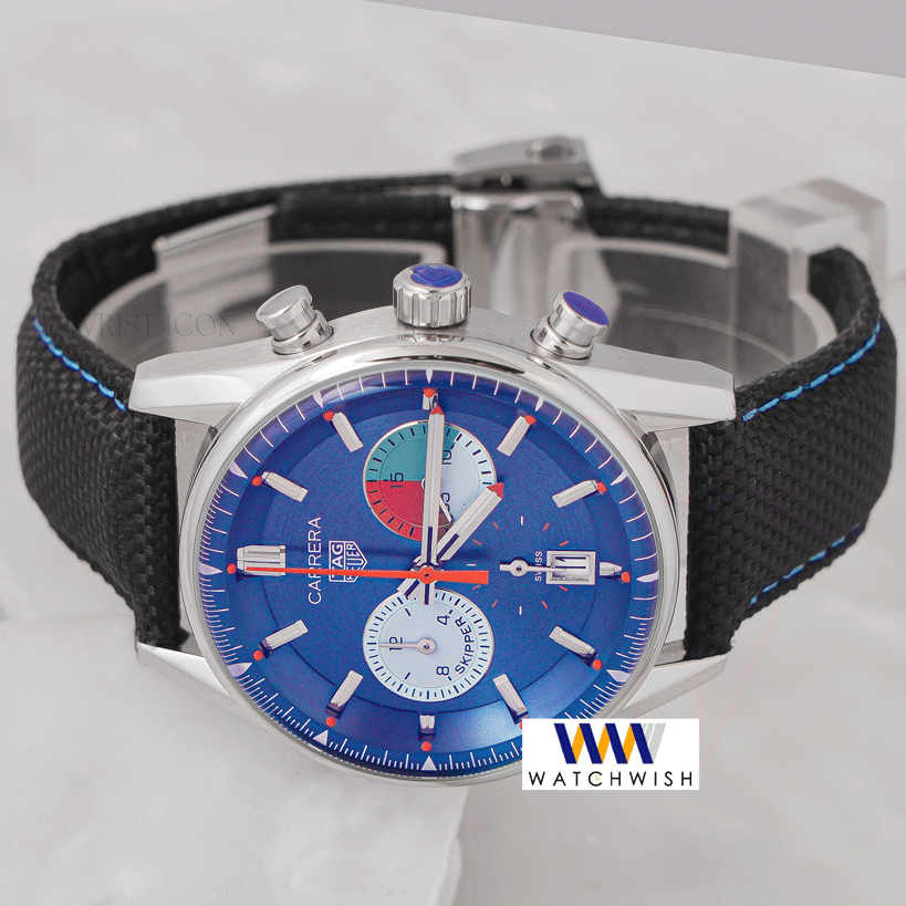Latest Collection Chronograph Silver Case With Blue Dial & Black Leather Strap