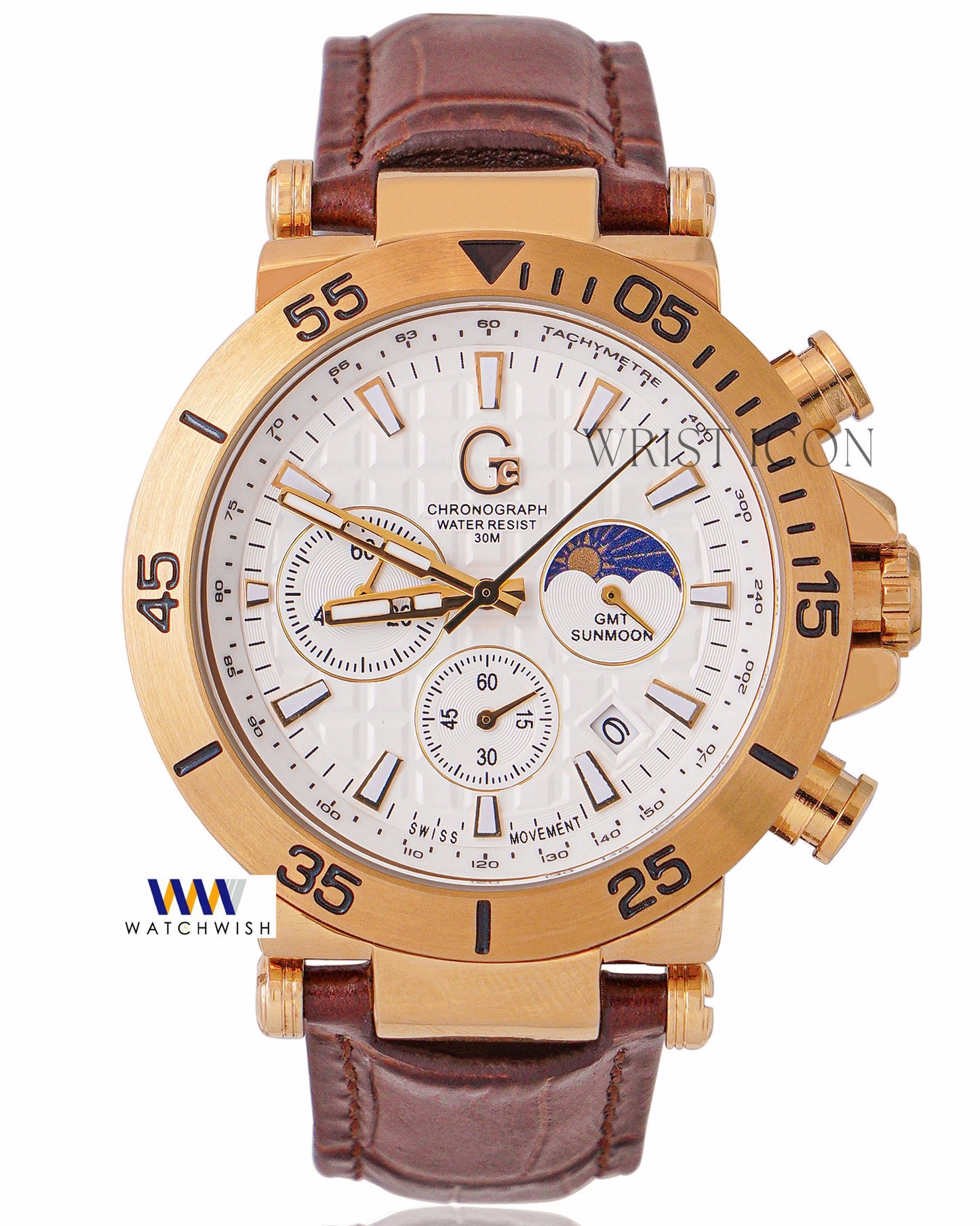 Latest Collection Chronograph Yellow Gold Case With White Dial & Brown Leather Strap