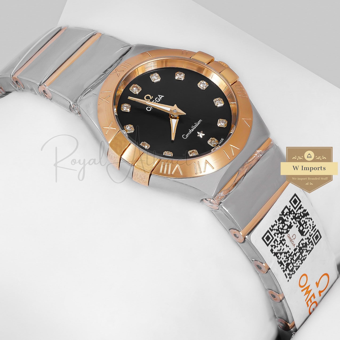 Latest Collection Two Tone Yellow Gold With Black Dial & Stone Figure Ladies Watch