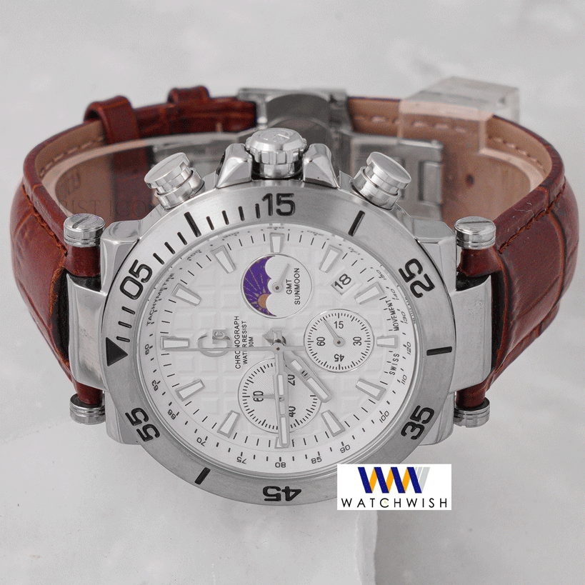 Latest Collection Chronograph Silver Case With White Dial & Leather Strap
