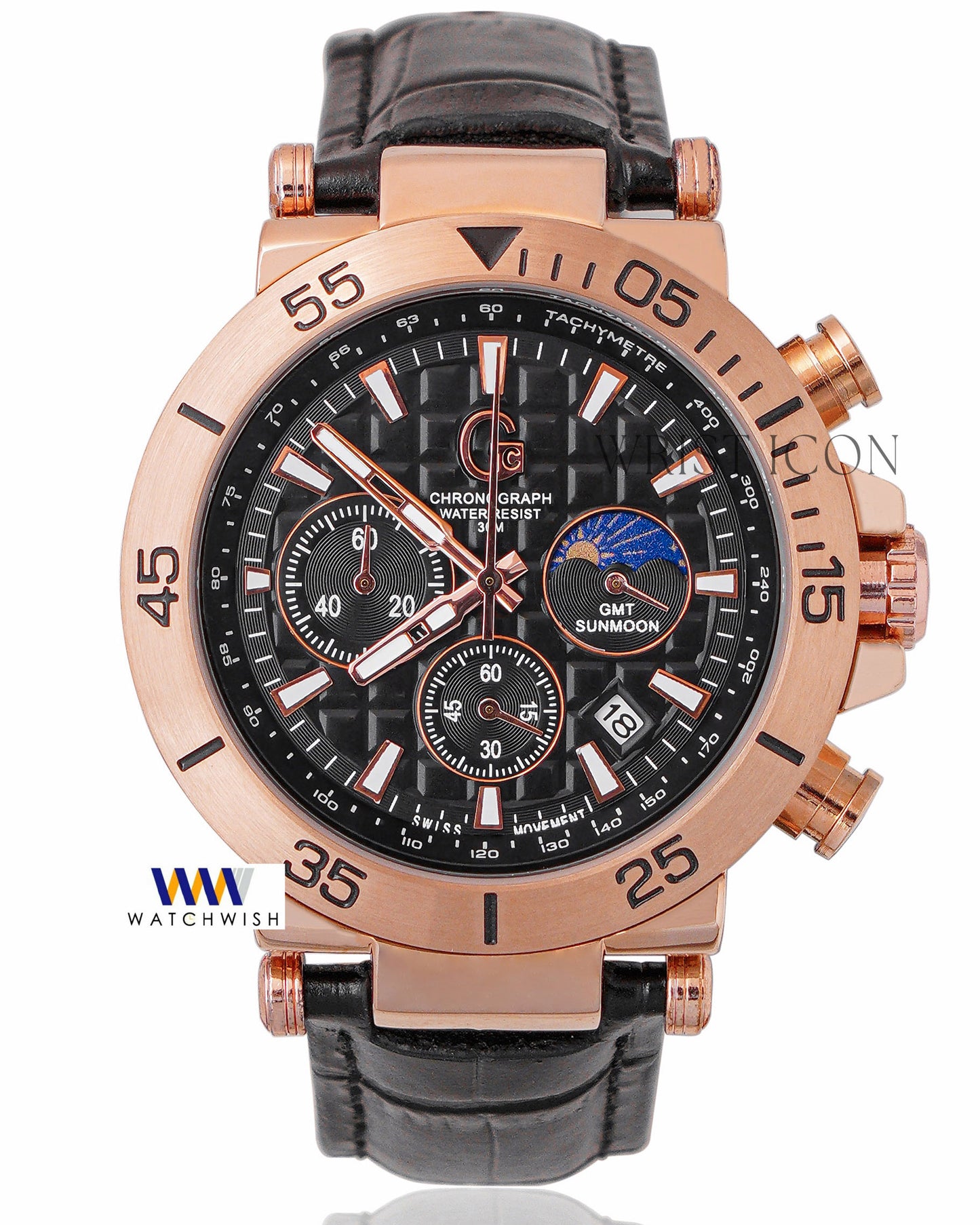 Latest Collection Chronograph Rose Gold Case With Black Dial & Leather Strap