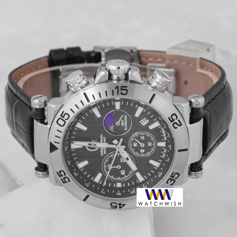 Latest Collection Chronograph Silver Case With Black Dial & Leather Strap
