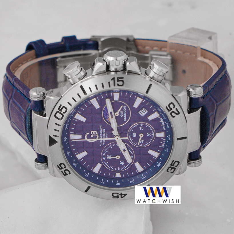 Latest Collection Chronograph Silver Case With Blue Dial & Leather Strap