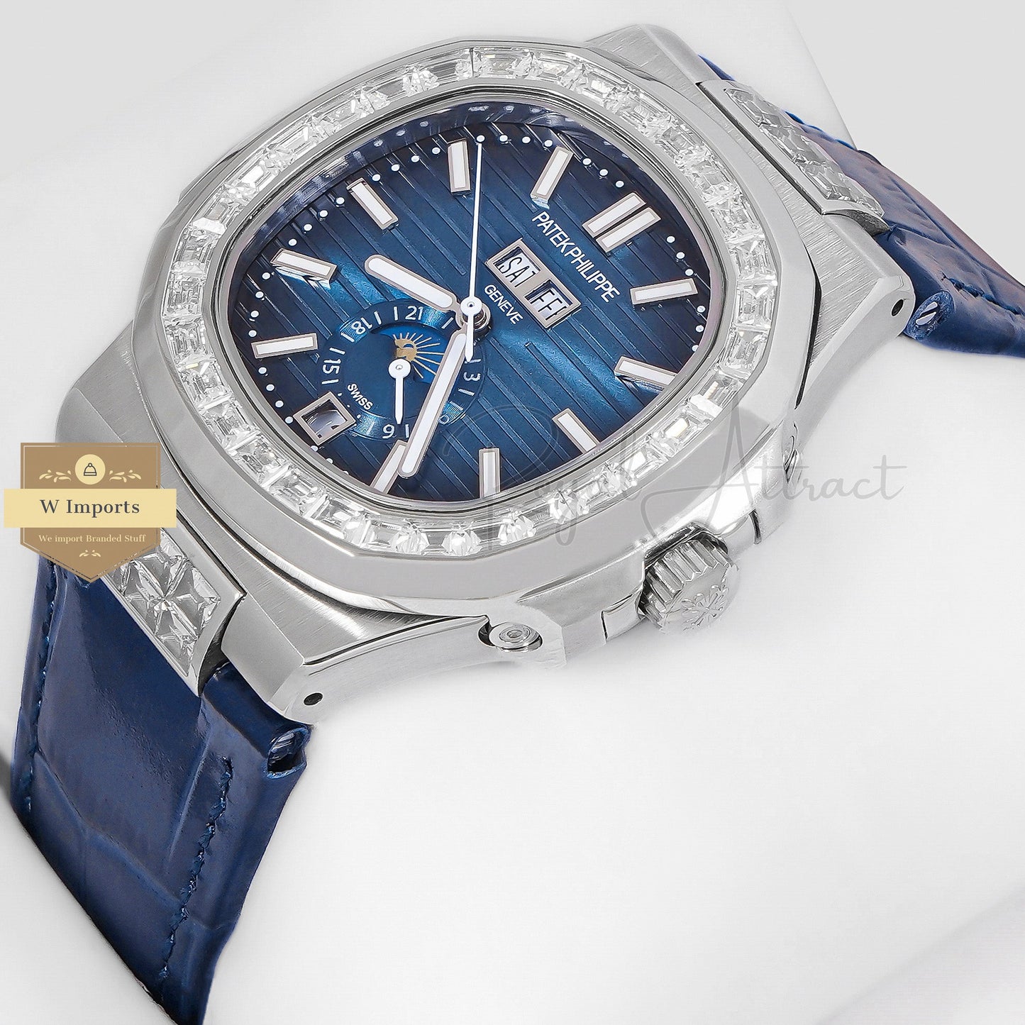 Latest Collection Annual Calendar Moon Phase Silver Stone Case With Blue Dial & Leather Strap