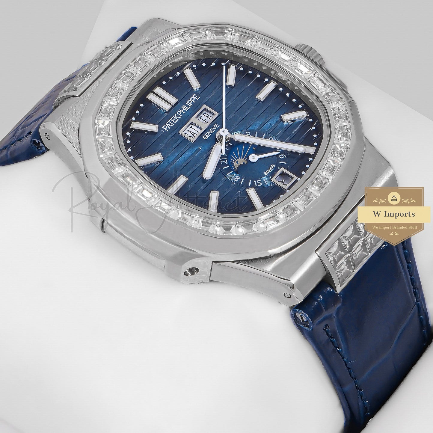 Latest Collection Annual Calendar Moon Phase Silver Stone Case With Blue Dial & Leather Strap