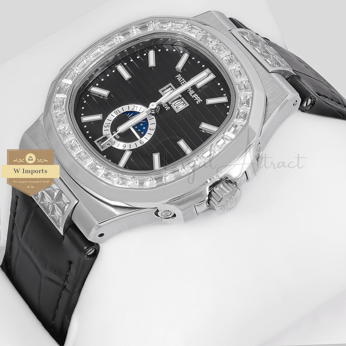 Latest Collection Annual Calendar Moon Phase Silver Stone Case With Black Dial & Leather Strap