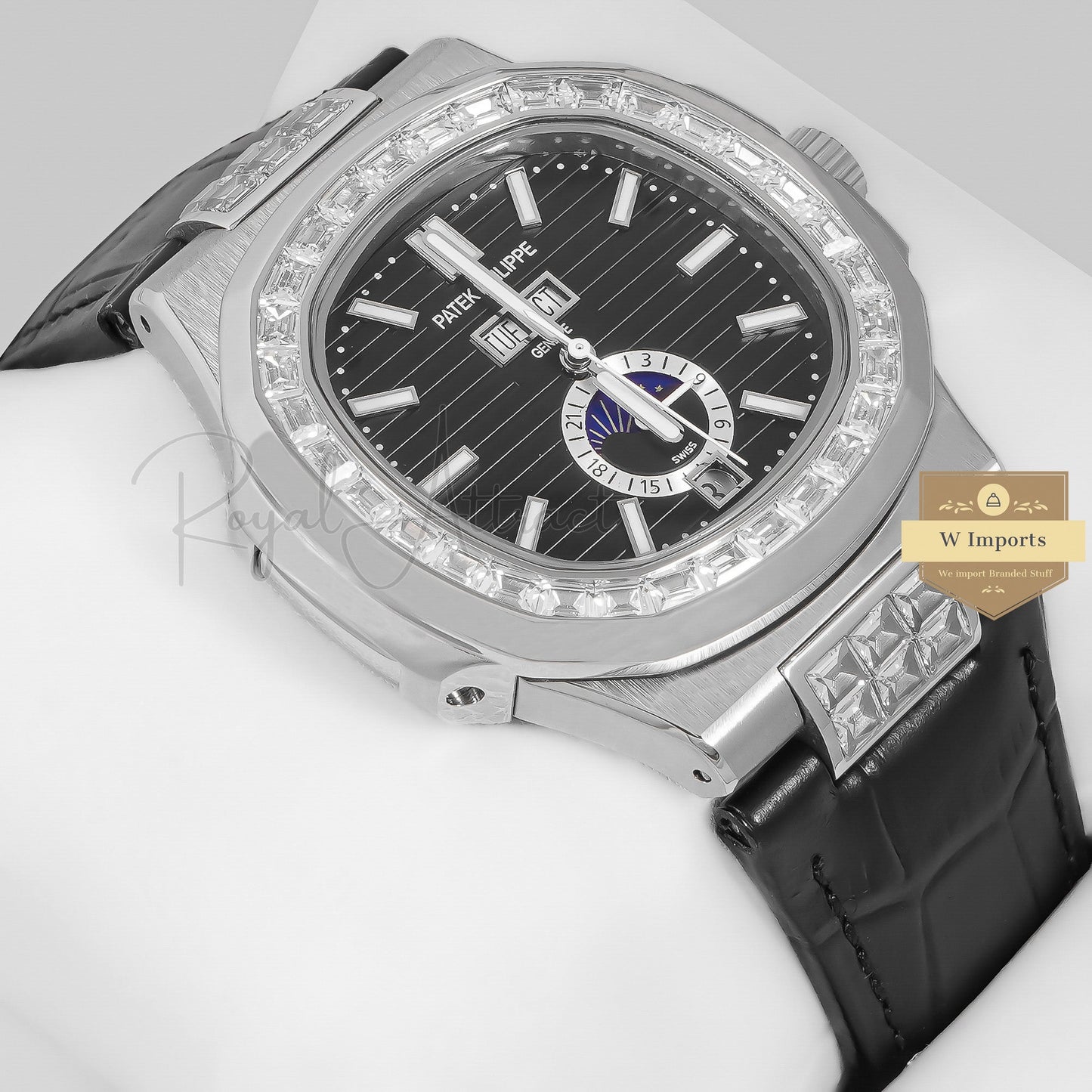 Latest Collection Annual Calendar Moon Phase Silver Stone Case With Black Dial & Leather Strap