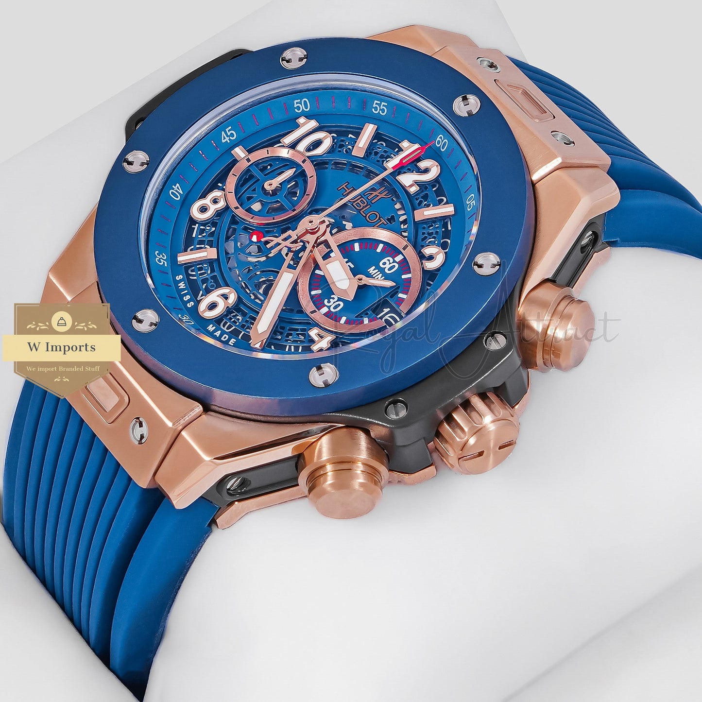 Latest Collection Chronograph Rose Gold Case With Blue Dial & Pvc Strap