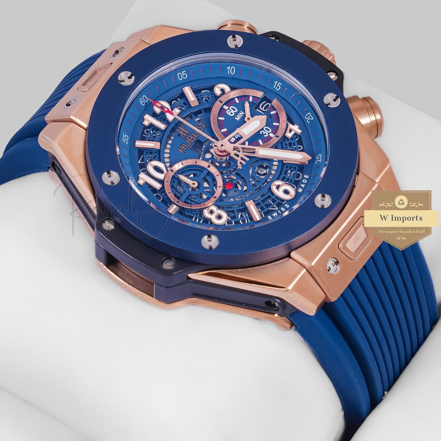 Latest Collection Chronograph Rose Gold Case With Blue Dial & Pvc Strap