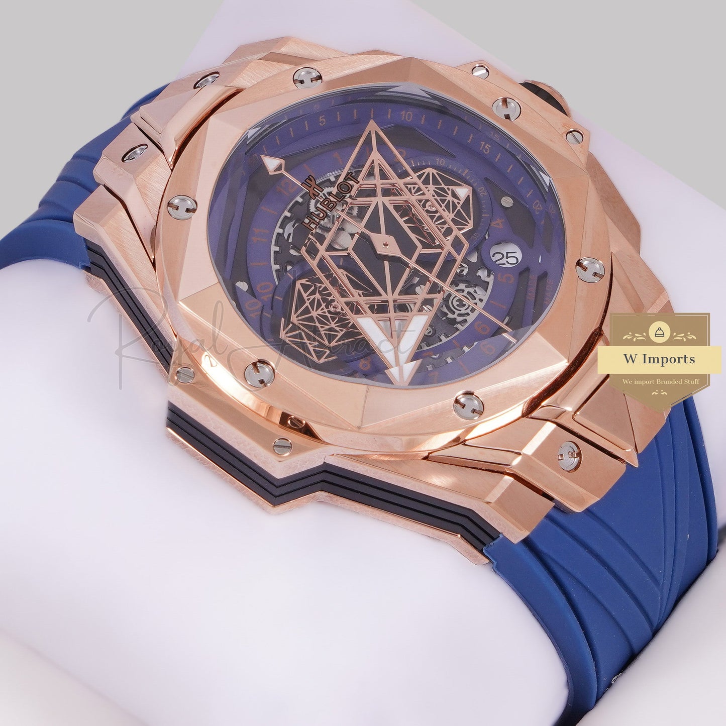 LATEST COLLECTION CHRONOGRAPH ROSE GOLD CASE WITH BLUE DIAL & RUBBER STRAP